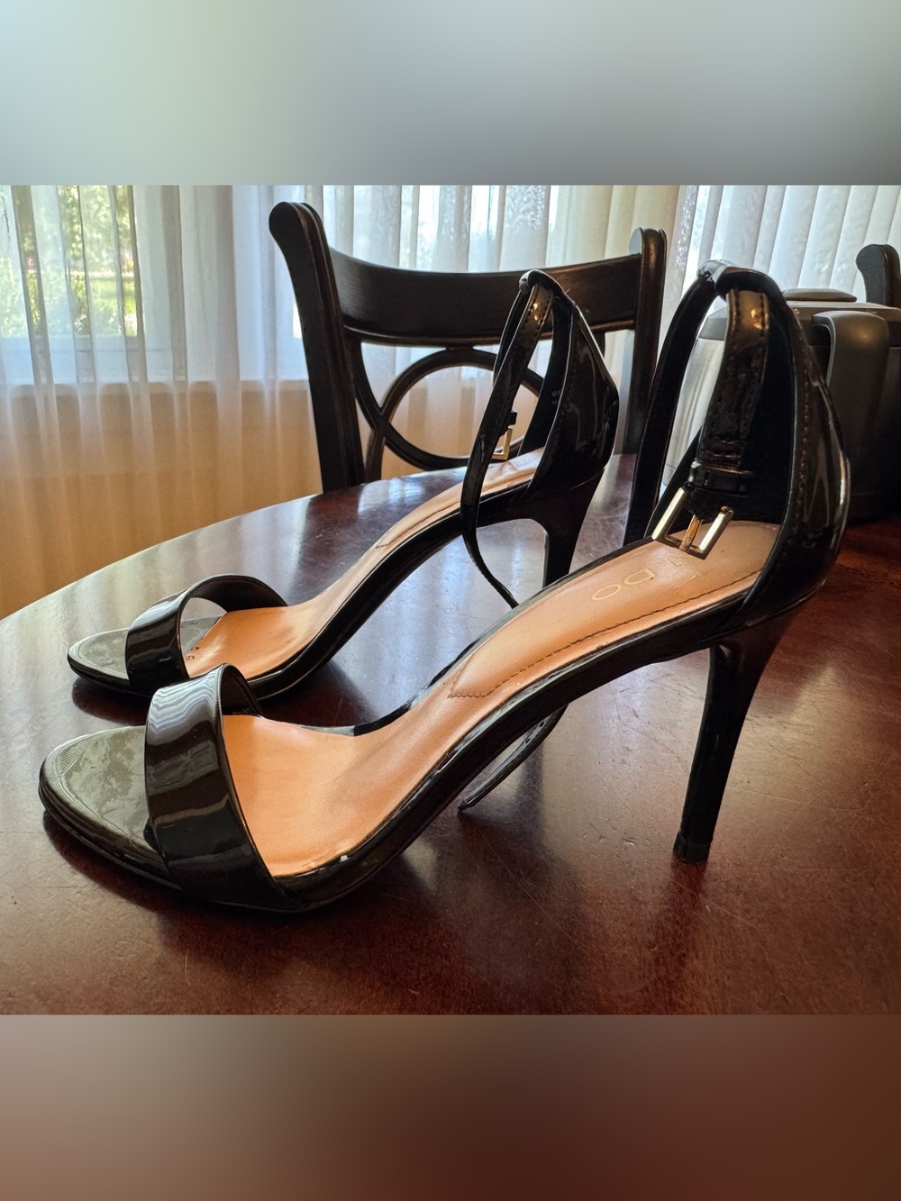 Aldo Black Patent Ankle Strap Sandal Stiletto Heel Size 6.5